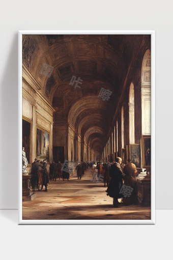 古代博物馆长廊内人群欣赏经典艺术作品场景