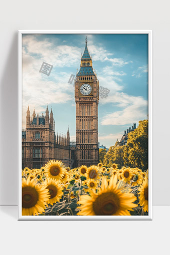 伦敦大本钟与向日葵花海相映辉映的美丽景象
