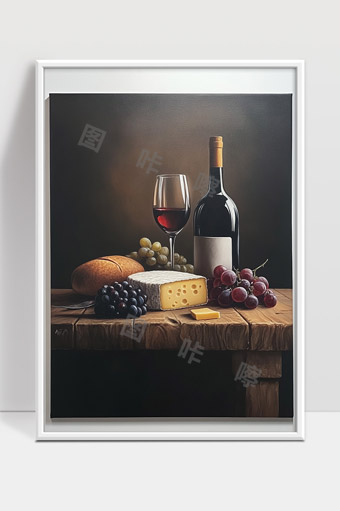 静物写实油画红酒奶酪葡萄面包桌面摆设