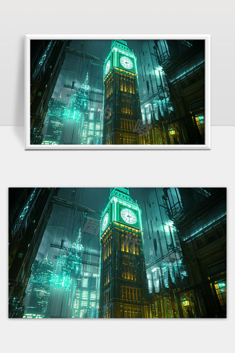 赛博朋克风格下的未来都市和大本钟夜景