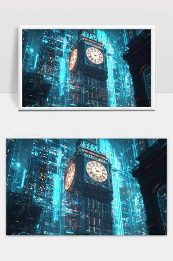 赛博朋克风格伦敦大本钟未来城市夜景