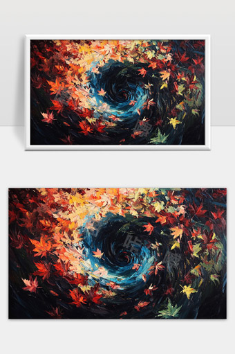 秋天风暴旋涡中飘落的枫叶油画艺术作品