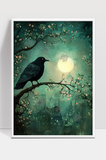 月夜乌鸦静栖花枝城市朦胧梦幻意境画