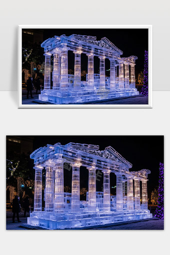 夜晚灯光下巨型冰雕古希腊神庙造型艺术展示