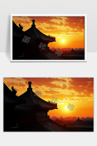 夕阳映照古建筑屋檐剪影壮丽东方古韵风光