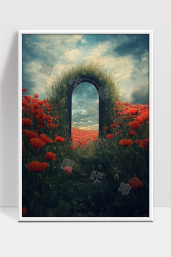 梦幻罂粟花海中的神秘拱门通向未知世界