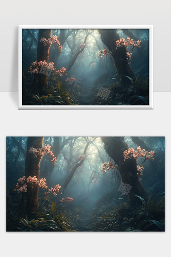 神秘森林中盛开的粉色花朵光影交织的梦幻景象