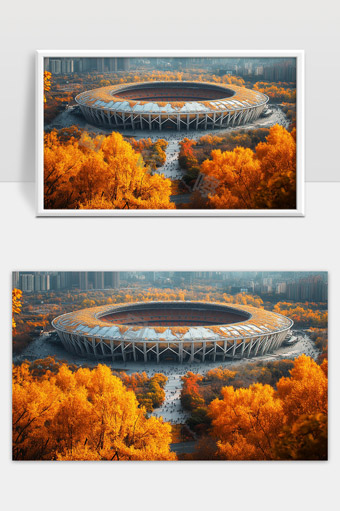 秋日金黄环绕现代体育场城市秋天景色美丽