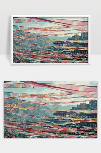 藏族寺庙与五彩经幡映衬下的壮丽山谷风光