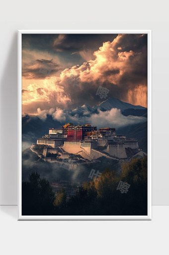 夕阳映照下宏伟布达拉宫雪山云海环绕