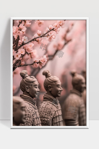 兵马俑与盛开桃花展现古今文化交融之美