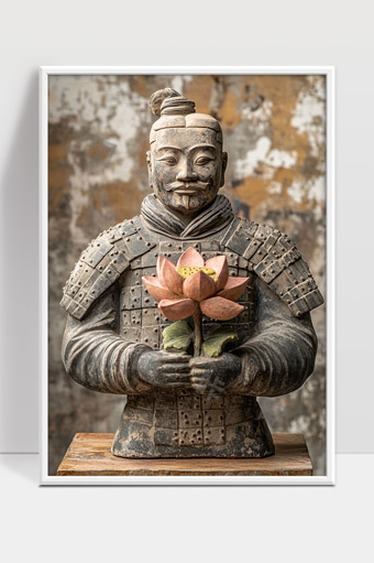 兵马俑手捧莲花融合古今文化艺术造型