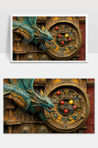 古老机械龙与神秘星盘装置雕塑艺术