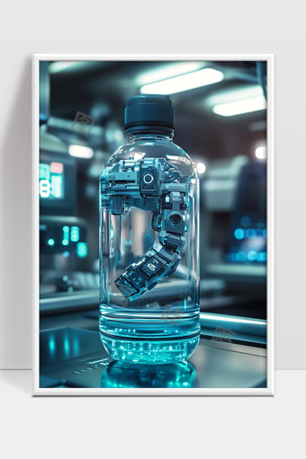 未来科技智能机器人悬浮在透明水瓶内部展示