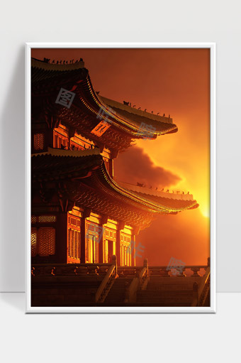 夕阳映照下的古代宫殿建筑风貌与光影美学