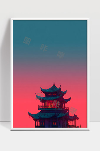 古风建筑静谧美丽夕阳映照下的传统亭台楼阁