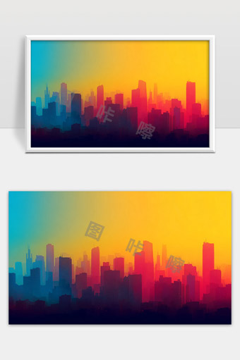 炫彩暮光下的现代都市天际线剪影美景