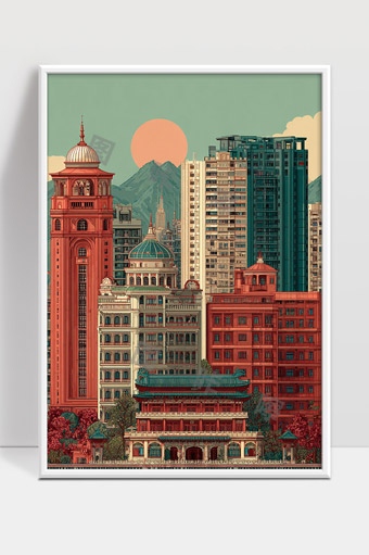 现代与传统交织的城市建筑风貌夕阳下的景象