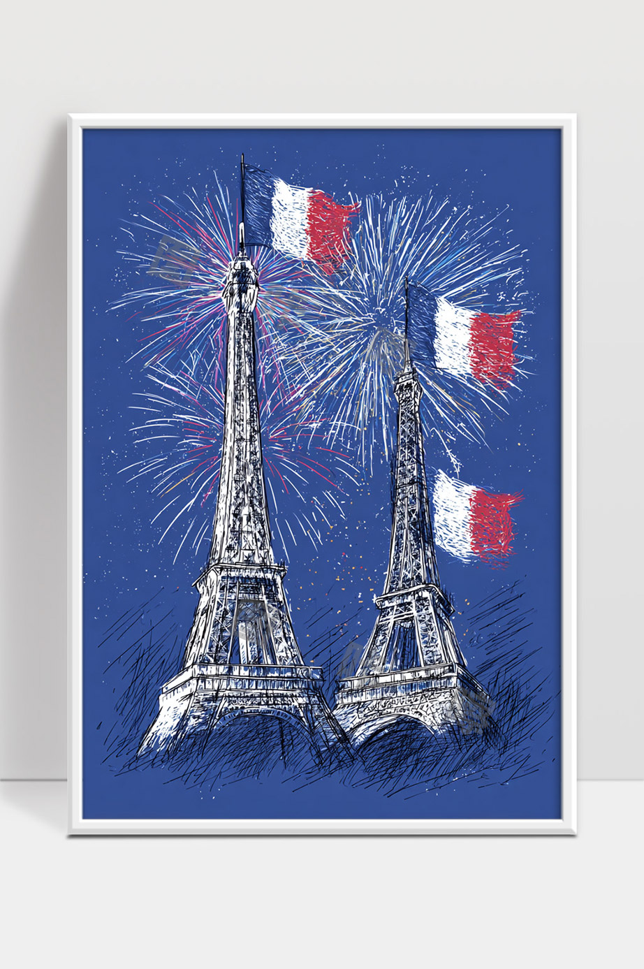 巴黎埃菲尔铁塔庆祝法国国庆焰火夜景艺术绘画