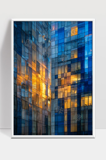 现代玻璃幕墙建筑反射落日余晖城市夜景灯光交织