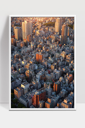 城市高密度建筑群夕阳映照下的都市风貌