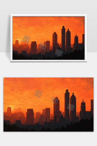 火烧云映衬下的现代都市天际线剪影
