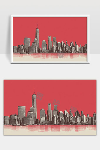 红色背景下现代都市天际线建筑群剪影艺术