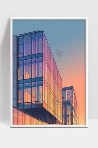 现代玻璃建筑夕阳余晖映照城市高楼剪影